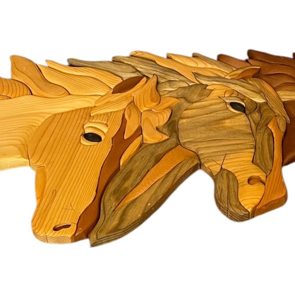 INTARSIA WOODCRAFTS WOODEN SCULPTED WALL ART 3 HORSE HEAD - Picture 5 of 9